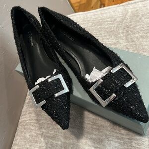 Sparkly Black Tweed Fabric & Silver Buckle Ballet Flats Pointed Toe Size 38 #P04